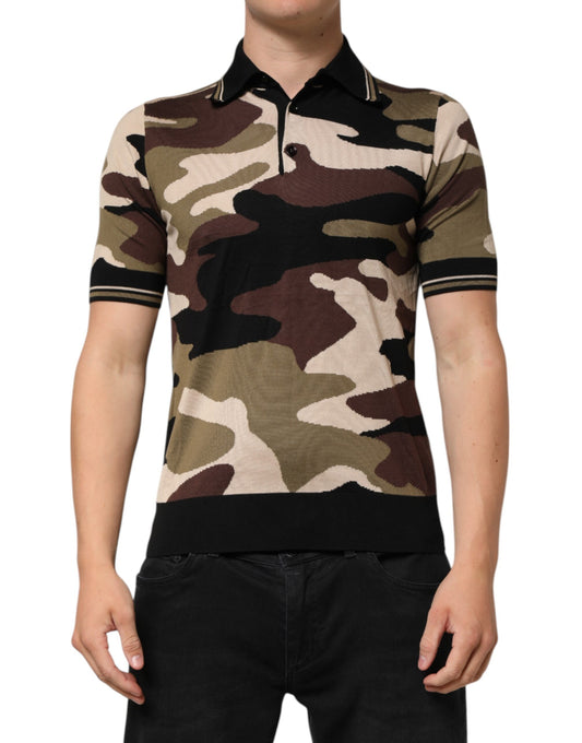 Dolce &amp; Gabbana Camouflage Braunes Militär-Poloshirt aus Seide