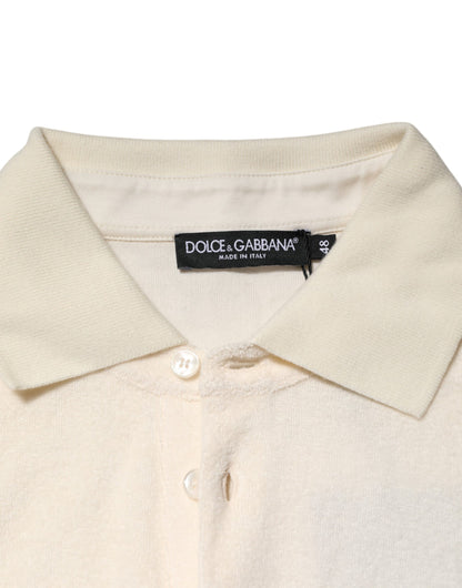 Dolce &amp; Gabbana – Elfenbeinfarbenes Poloshirt aus Baumwollfrottee mit Logotasche