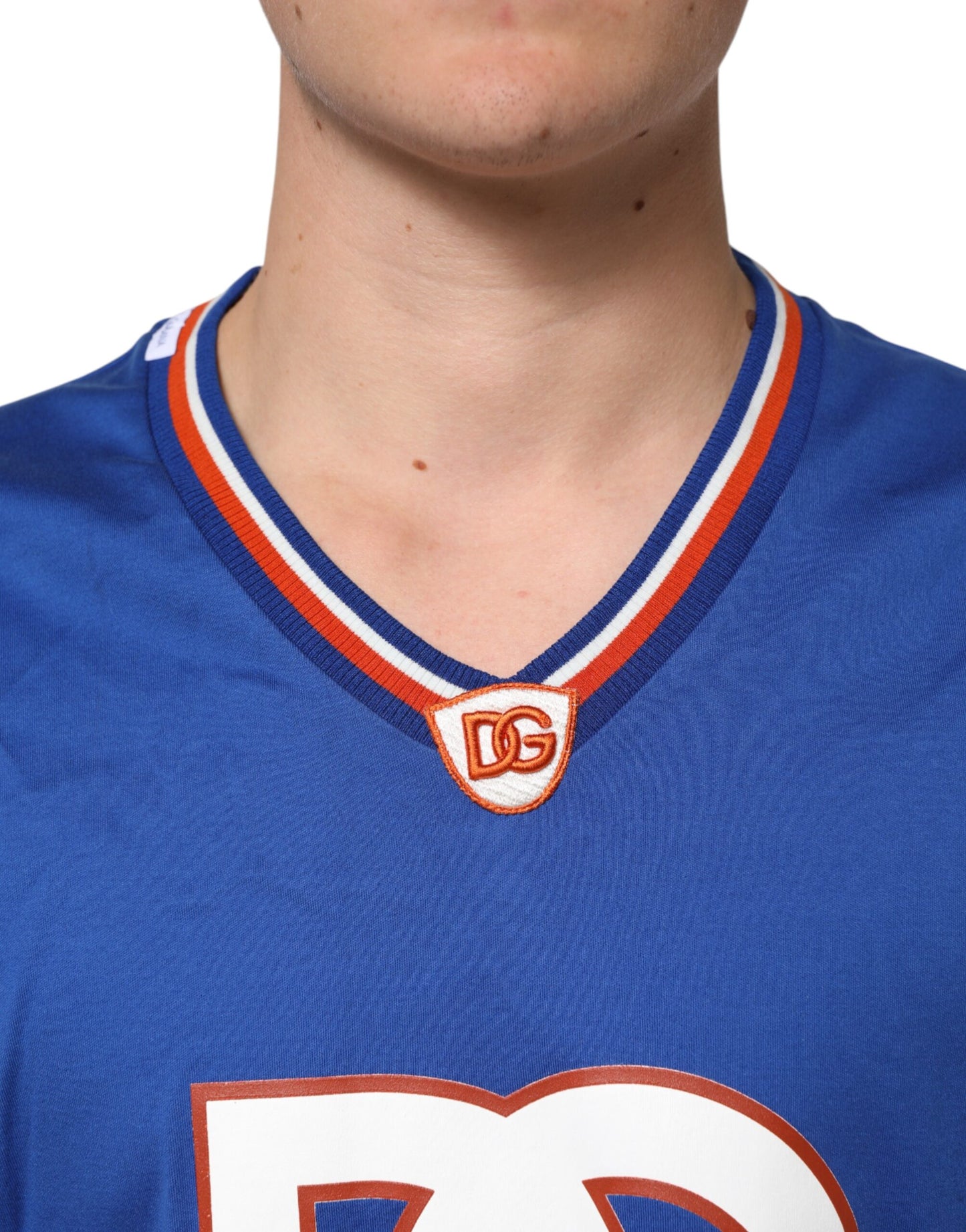 Dolce &amp; Gabbana – Blaues T-Shirt aus Baumwoll-Mesh-Jersey mit DG-Logo