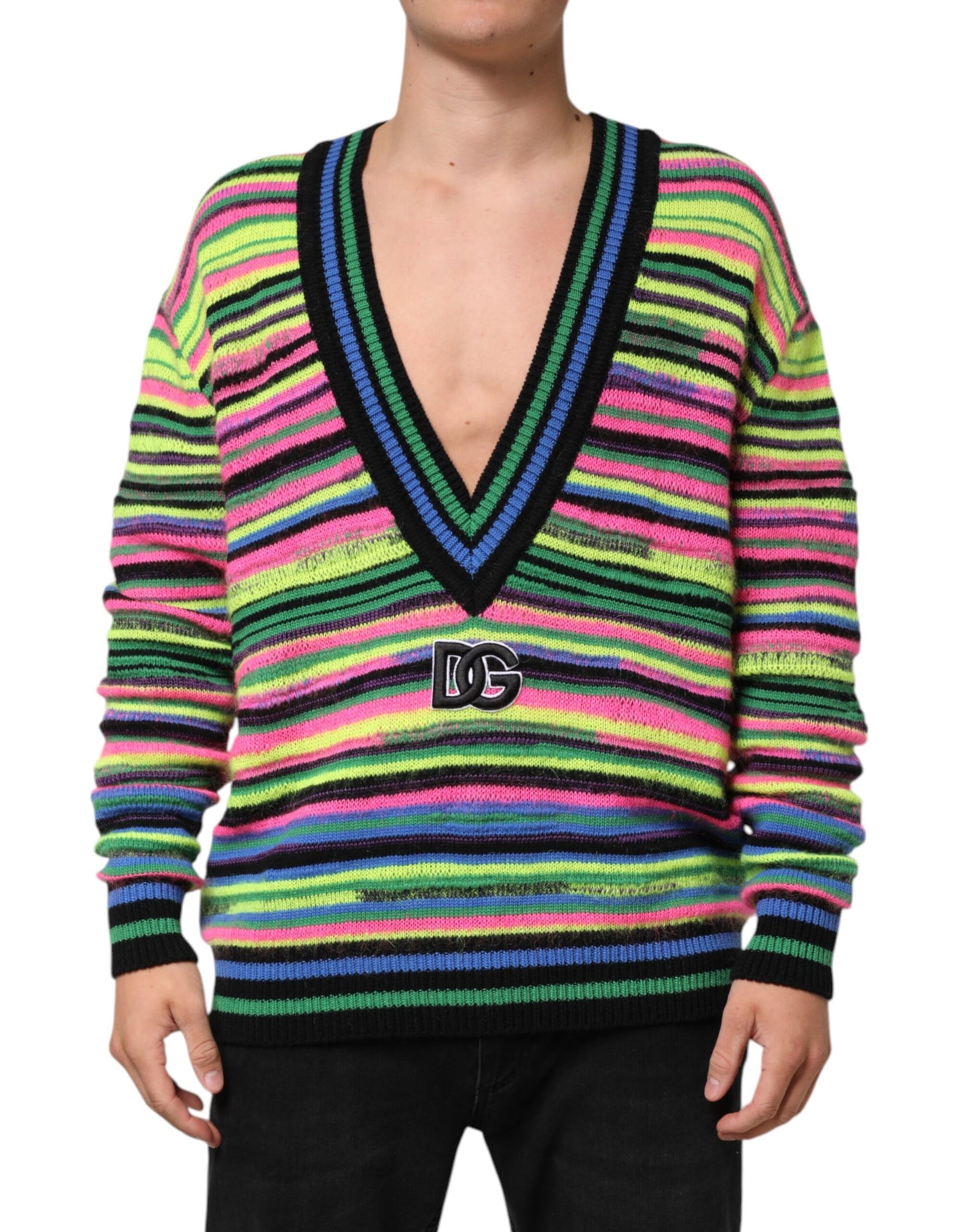 Dolce &amp; Gabbana – Mehrfarbiger Strickpullover mit V-Ausschnitt und DG-Logo