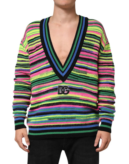 Dolce &amp; Gabbana – Mehrfarbiger Strickpullover mit V-Ausschnitt und DG-Logo