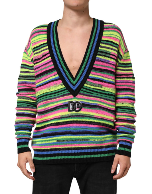 Dolce &amp; Gabbana – Mehrfarbiger Strickpullover mit V-Ausschnitt und DG-Logo