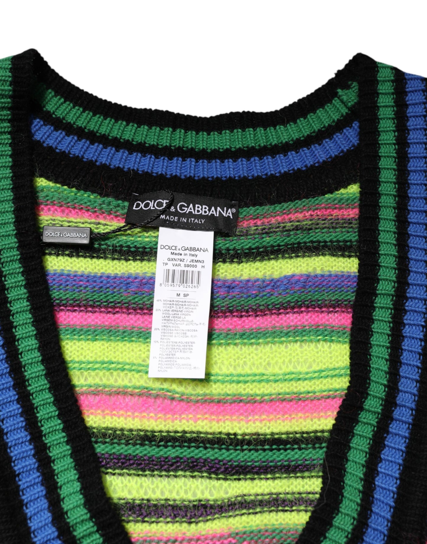 Dolce &amp; Gabbana – Mehrfarbiger Strickpullover mit V-Ausschnitt und DG-Logo