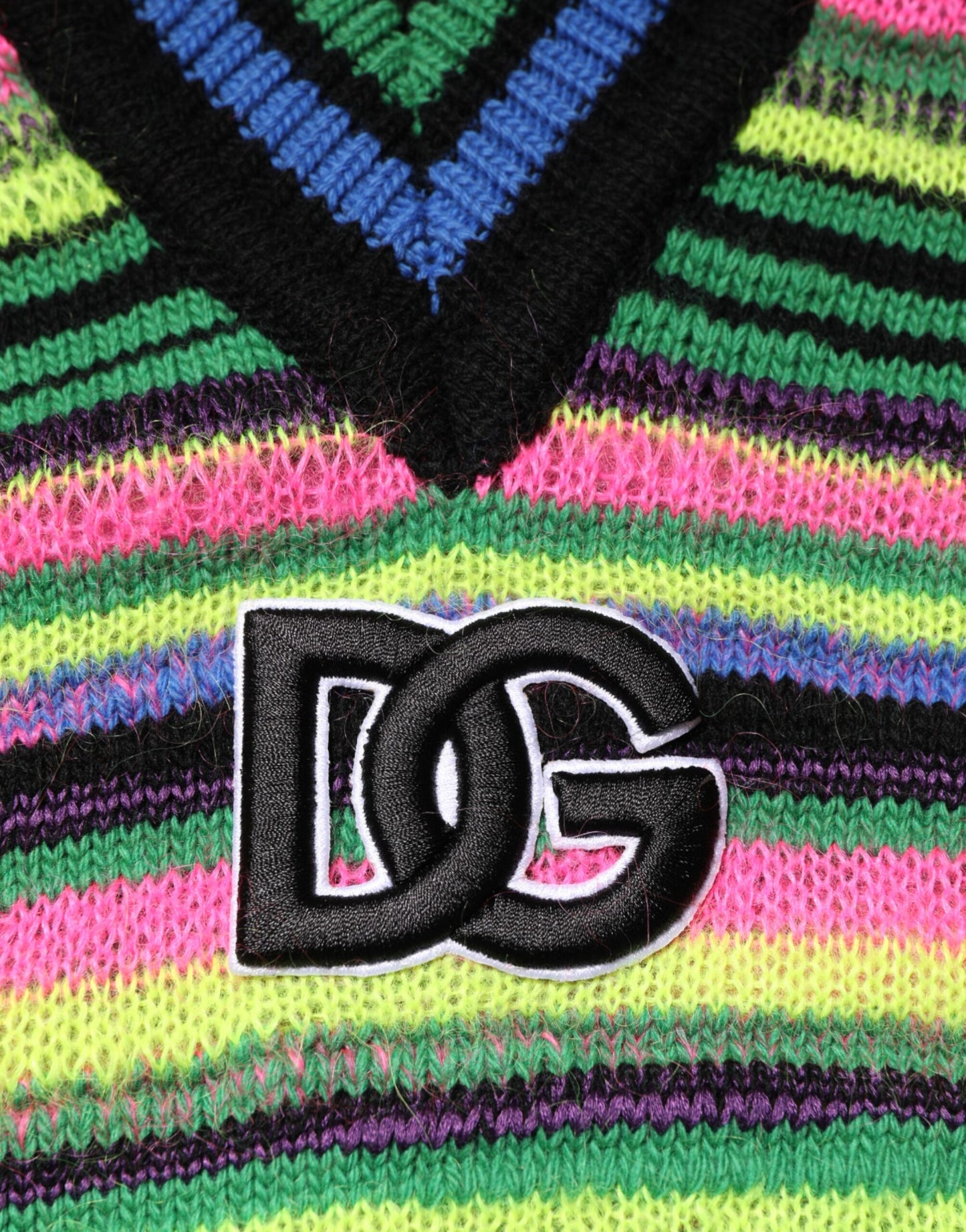 Dolce &amp; Gabbana – Mehrfarbiger Strickpullover mit V-Ausschnitt und DG-Logo