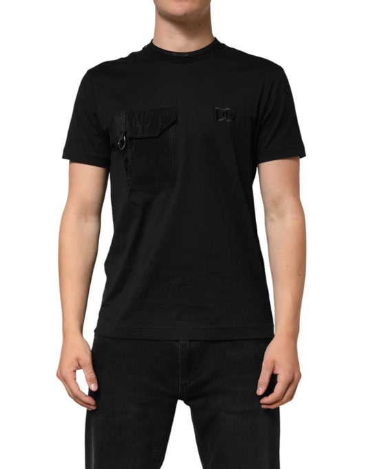 Dolce &amp; Gabbana – Schwarzes Baumwoll-T-Shirt mit DG-Logo-Stickerei auf der Tasche