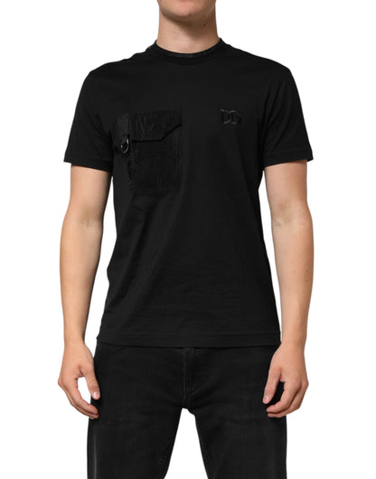 Dolce &amp; Gabbana – Schwarzes Baumwoll-T-Shirt mit DG-Logo-Stickerei auf der Tasche
