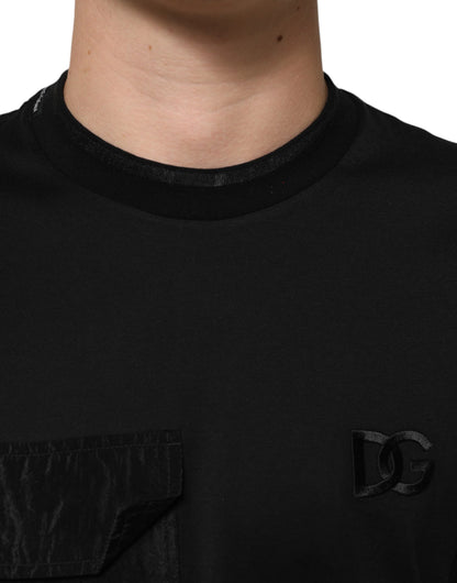 Dolce &amp; Gabbana – Schwarzes Baumwoll-T-Shirt mit DG-Logo-Stickerei auf der Tasche