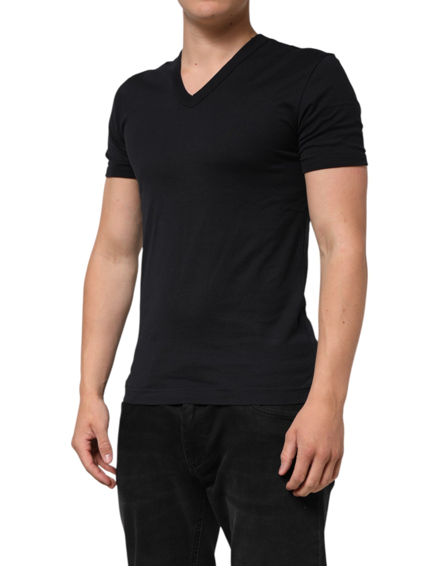 Dolce &amp; Gabbana Herren-T-Shirt aus schwarzer Baumwolle mit V-Ausschnitt