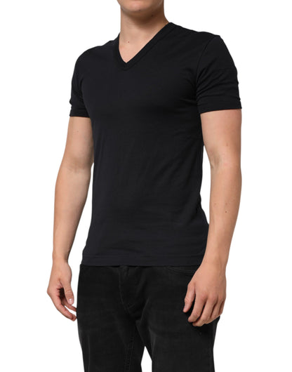 Dolce &amp; Gabbana Herren-T-Shirt aus schwarzer Baumwolle mit V-Ausschnitt