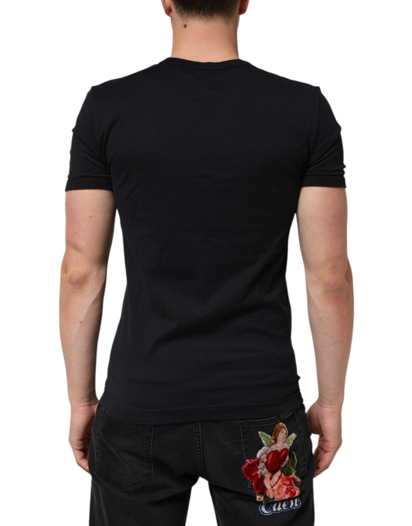 Dolce &amp; Gabbana Herren-T-Shirt aus schwarzer Baumwolle mit V-Ausschnitt
