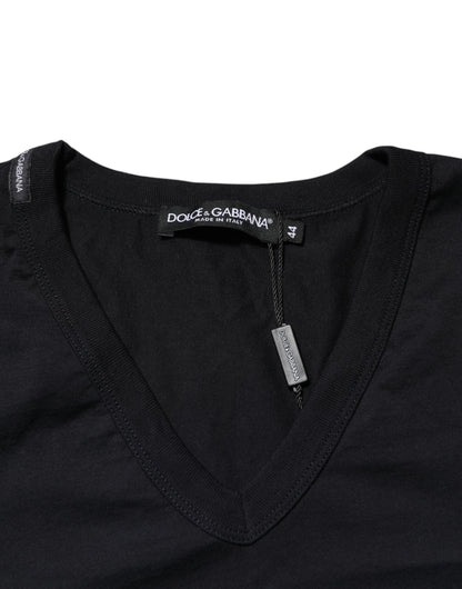 Dolce &amp; Gabbana Herren-T-Shirt aus schwarzer Baumwolle mit V-Ausschnitt