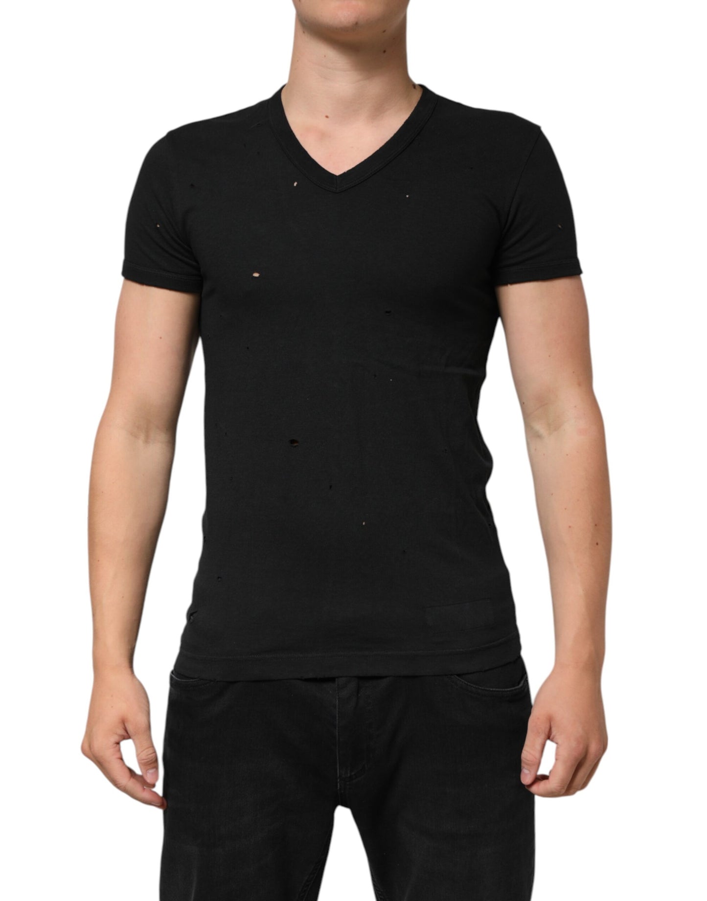 Dolce &amp; Gabbana – Schwarzes Herren-T-Shirt aus zerfetztem Baumwoll-Logo mit V-Ausschnitt