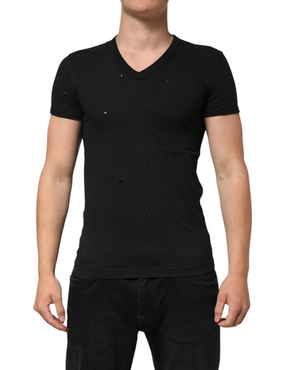Dolce &amp; Gabbana – Schwarzes Herren-T-Shirt aus zerfetztem Baumwoll-Logo mit V-Ausschnitt
