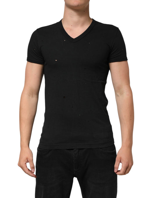 Dolce &amp; Gabbana – Schwarzes Herren-T-Shirt aus zerfetztem Baumwoll-Logo mit V-Ausschnitt
