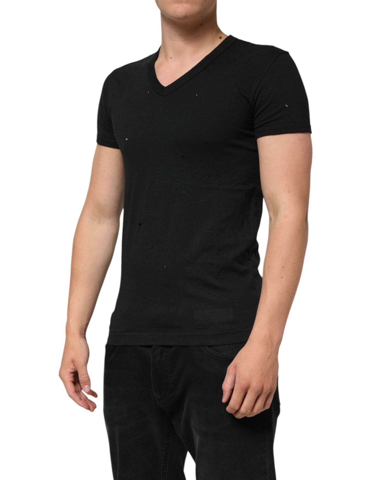 Dolce &amp; Gabbana – Schwarzes Herren-T-Shirt aus zerfetztem Baumwoll-Logo mit V-Ausschnitt