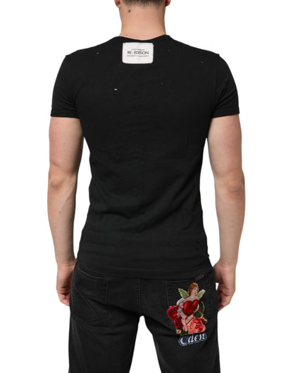 Dolce &amp; Gabbana – Schwarzes Herren-T-Shirt aus zerfetztem Baumwoll-Logo mit V-Ausschnitt