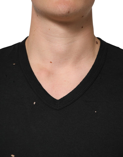 Dolce &amp; Gabbana – Schwarzes Herren-T-Shirt aus zerfetztem Baumwoll-Logo mit V-Ausschnitt