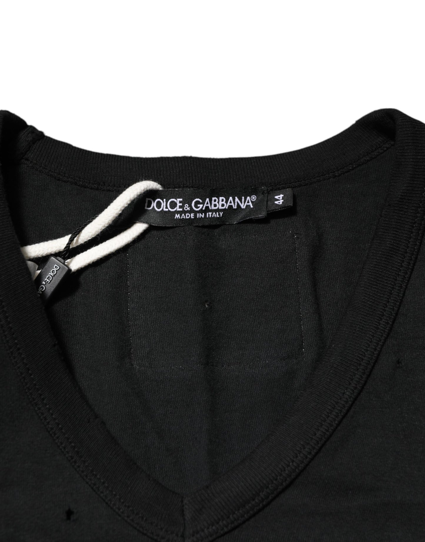 Dolce &amp; Gabbana – Schwarzes Herren-T-Shirt aus zerfetztem Baumwoll-Logo mit V-Ausschnitt