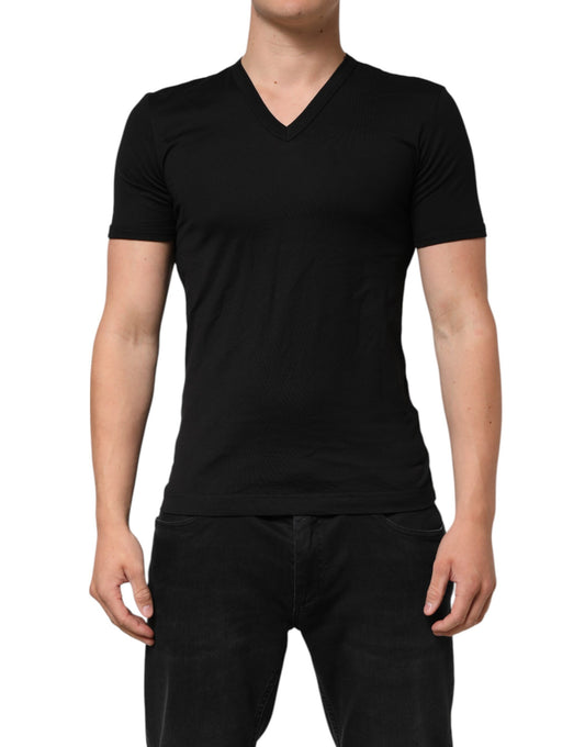 Dolce &amp; Gabbana Herren-T-Shirt aus schwarzer Baumwolle mit V-Ausschnitt