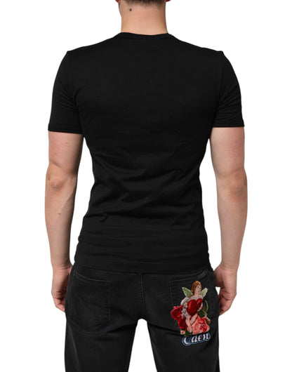 Dolce &amp; Gabbana Herren-T-Shirt aus schwarzer Baumwolle mit V-Ausschnitt