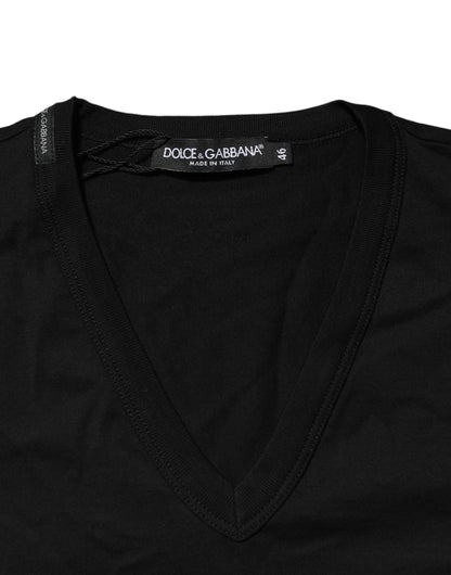 Dolce &amp; Gabbana Herren-T-Shirt aus schwarzer Baumwolle mit V-Ausschnitt