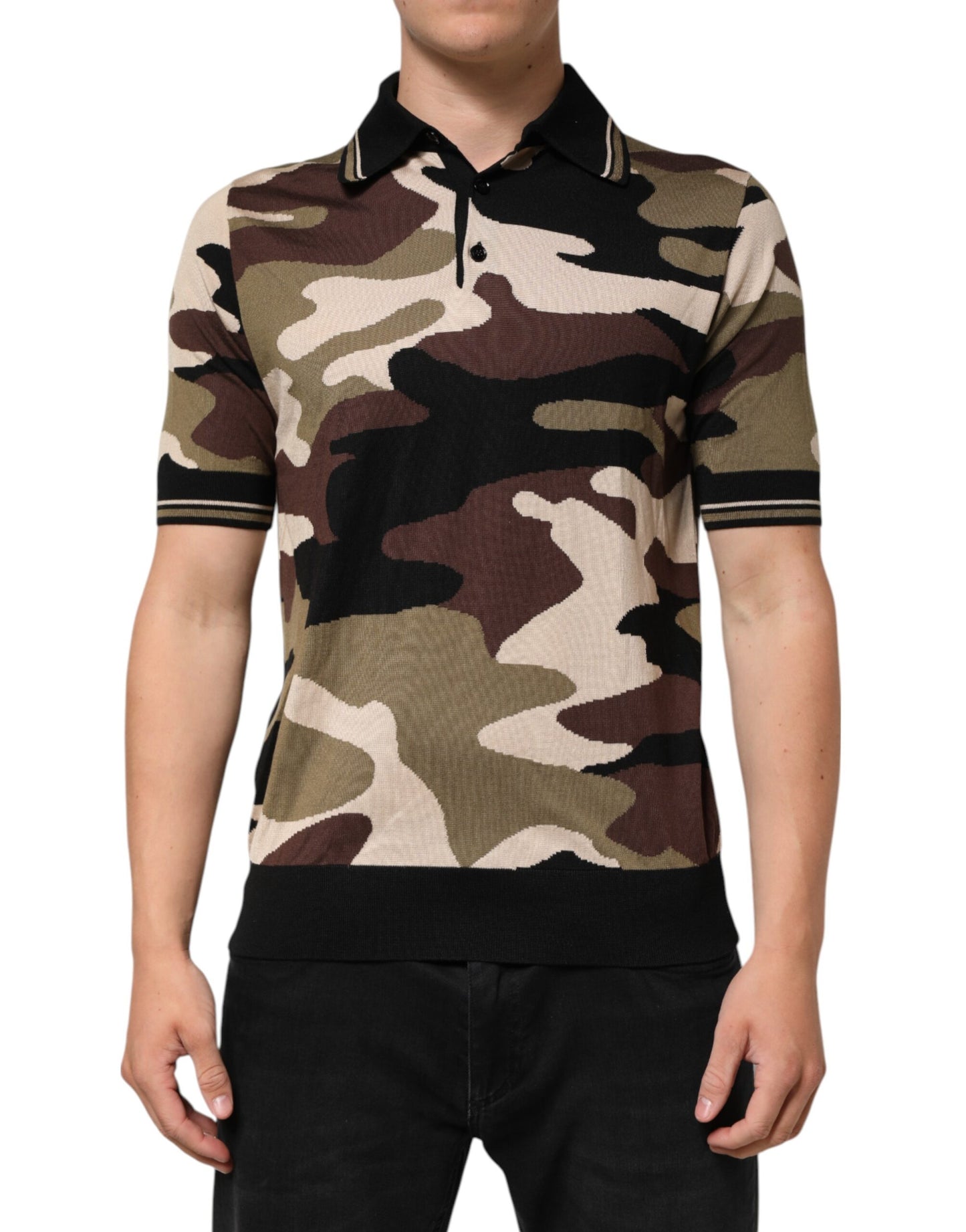 Dolce &amp; Gabbana – Poloshirt aus Seide im Military-Stil in Camouflage-Braun