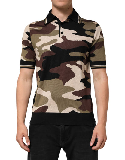 Dolce &amp; Gabbana – Poloshirt aus Seide im Military-Stil in Camouflage-Braun