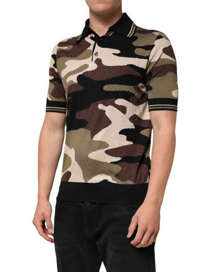 Dolce &amp; Gabbana – Poloshirt aus Seide im Military-Stil in Camouflage-Braun