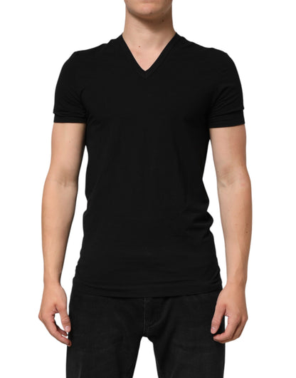 Dolce &amp; Gabbana – Slim Fit-T-Shirt aus schwarzer Baumwolle mit V-Ausschnitt für Herren