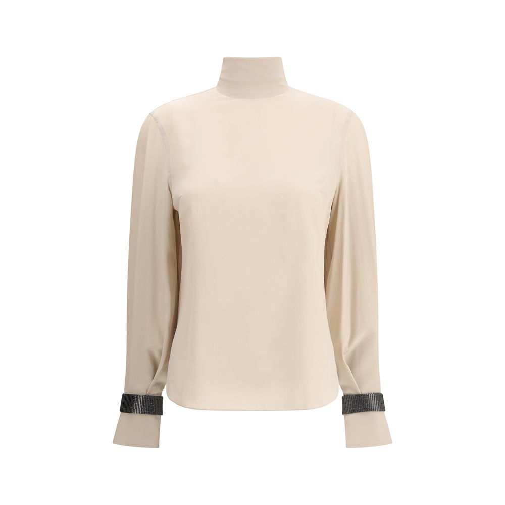 Brunello Cucinelli Seiden-Rollkragenbluse mit edlen Armbändern