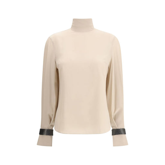 Brunello Cucinelli Seiden-Rollkragenbluse mit edlen Armbändern