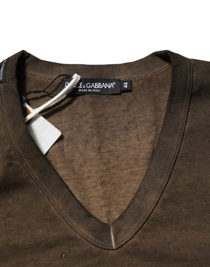 Dolce &amp; Gabbana Herren T-Shirt aus zerfetztem Baumwolllogo in Dunkelbraun