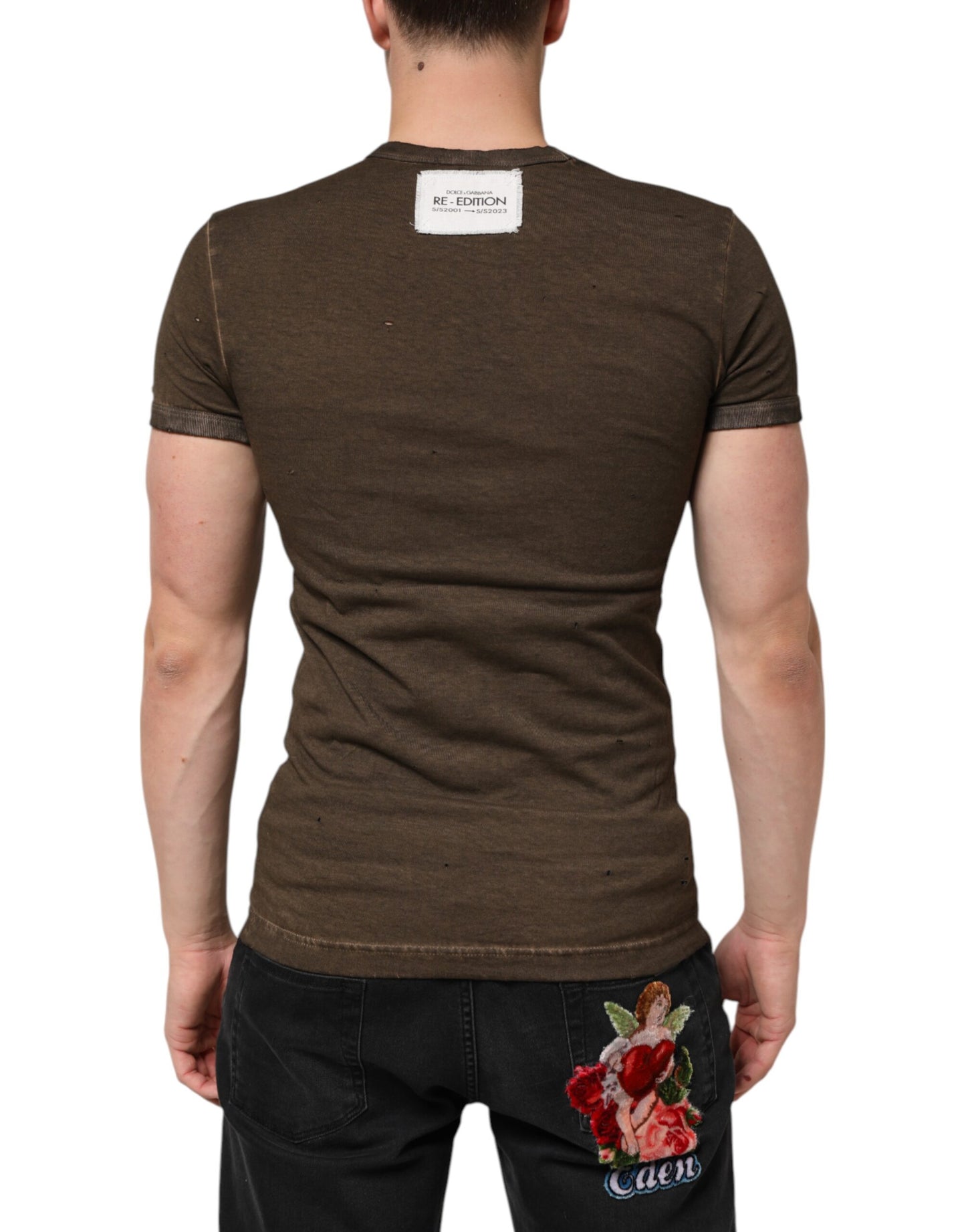 Dolce &amp; Gabbana Herren T-Shirt aus zerfetztem Baumwolllogo in Dunkelbraun