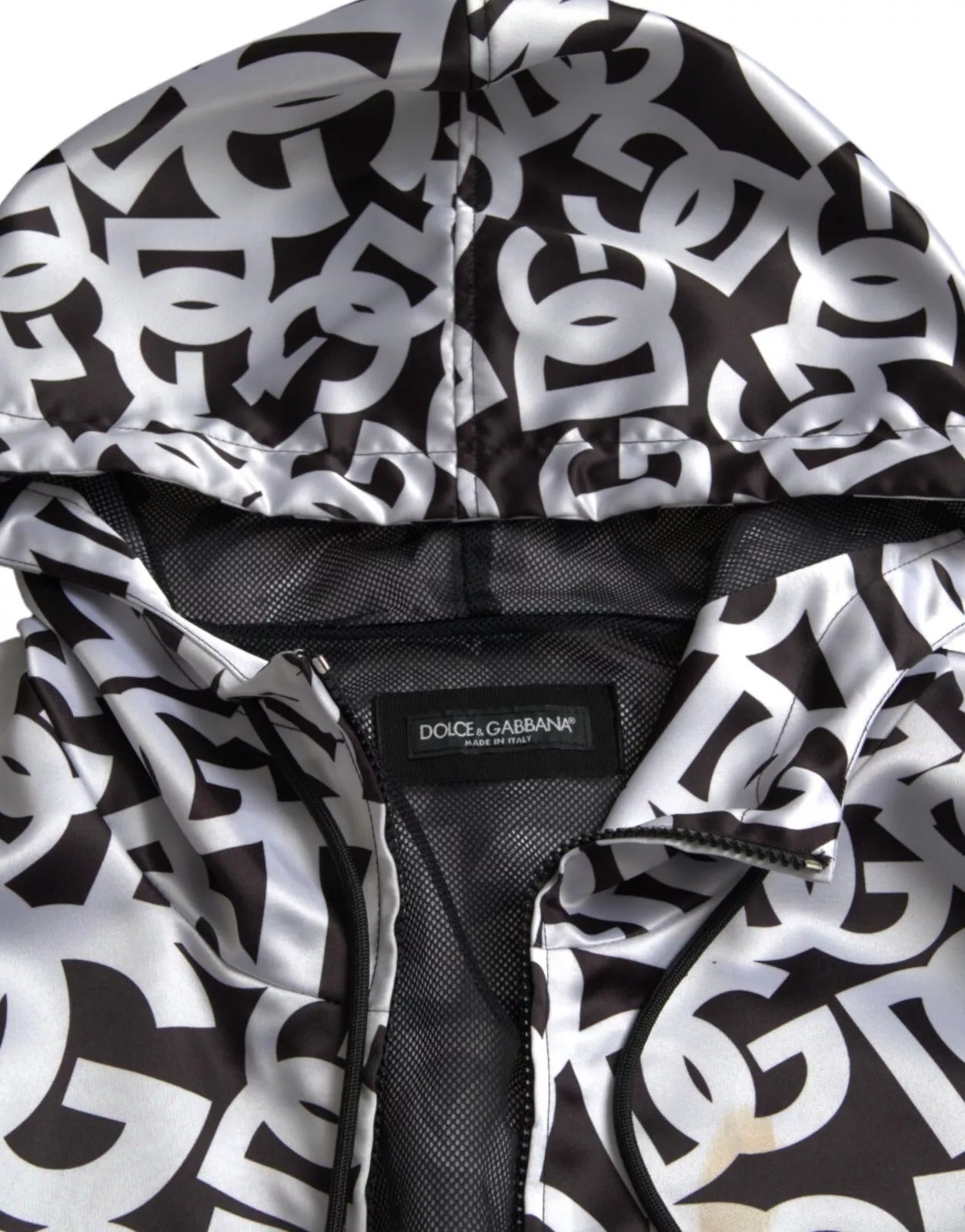 Dolce &amp; Gabbana – Bomberjacke mit Kapuze und durchgehendem Reißverschluss in Weiß und Schwarz mit Logo