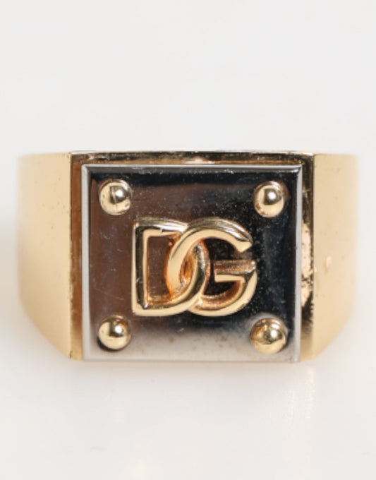 Dolce &amp; Gabbana Herrenring aus goldfarbenem Messing mit quadratischer DG-Logoplakette 
