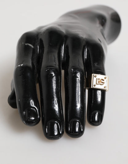 Dolce &amp; Gabbana Herrenring aus goldfarbenem Messing mit quadratischer DG-Logoplakette 