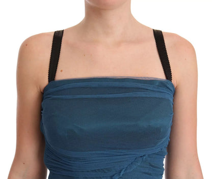 Dolce &amp; Gabbana – Etuikleid aus gerüschtem Tüll mit blauem Netzbesatz