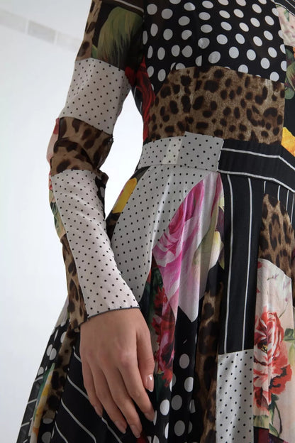 Dolce &amp; Gabbana Mehrfarbiges Patchwork-Kleid mit Blumen- und Leopardenmuster