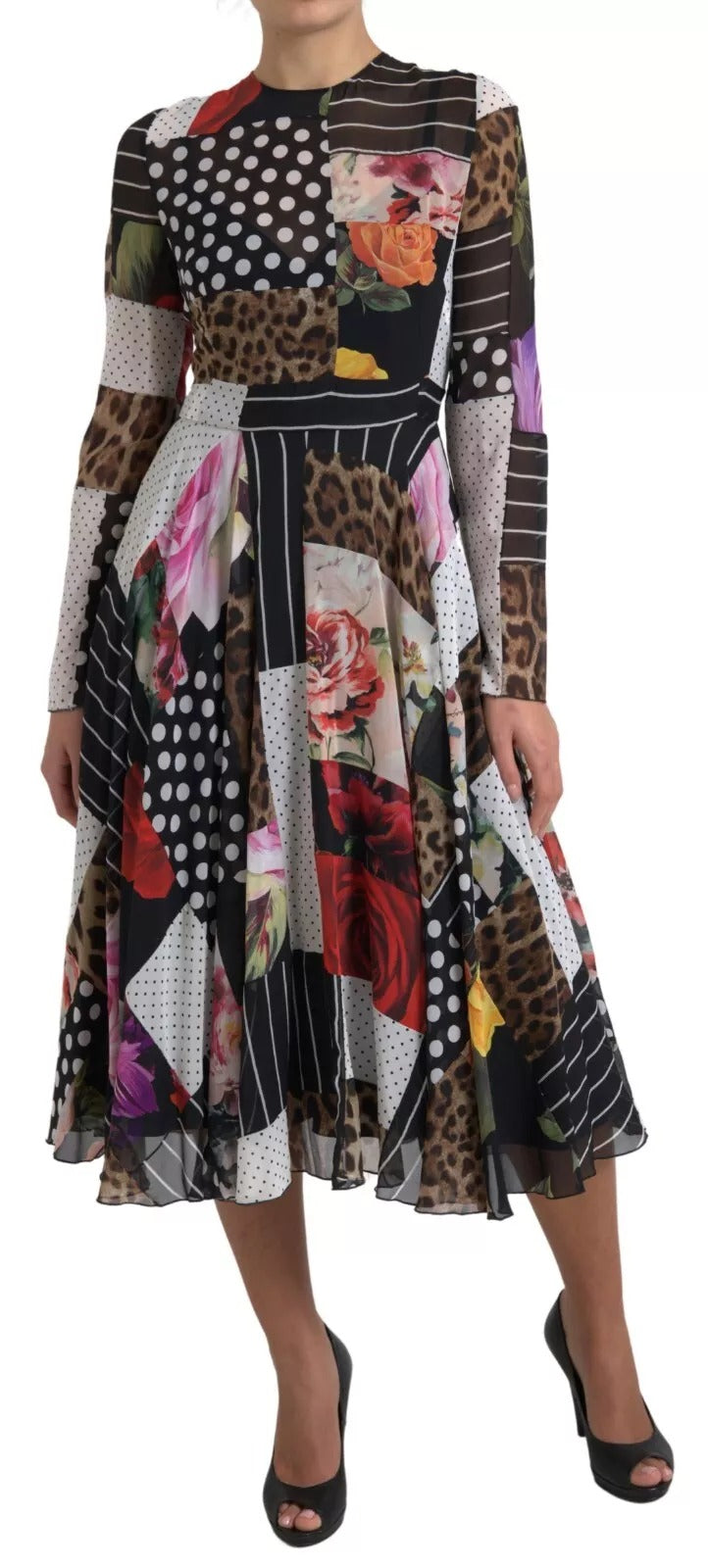 Dolce &amp; Gabbana Mehrfarbiges Patchwork-Kleid mit Blumen- und Leopardenmuster