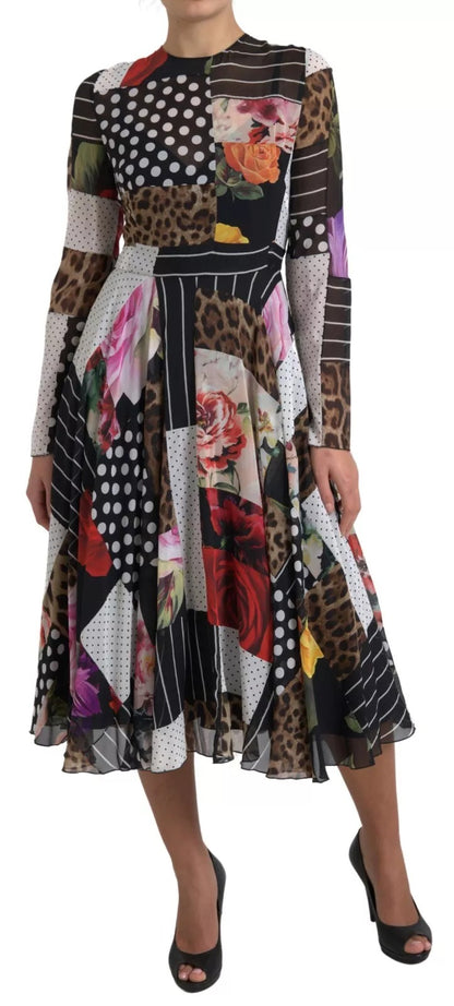 Dolce &amp; Gabbana Mehrfarbiges Patchwork-Kleid mit Blumen- und Leopardenmuster