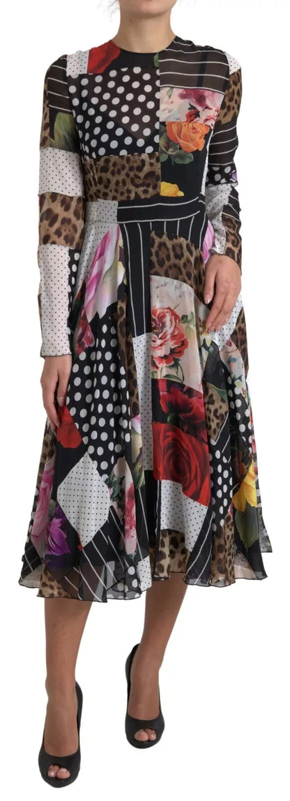 Dolce &amp; Gabbana Mehrfarbiges Patchwork-Kleid mit Blumen- und Leopardenmuster