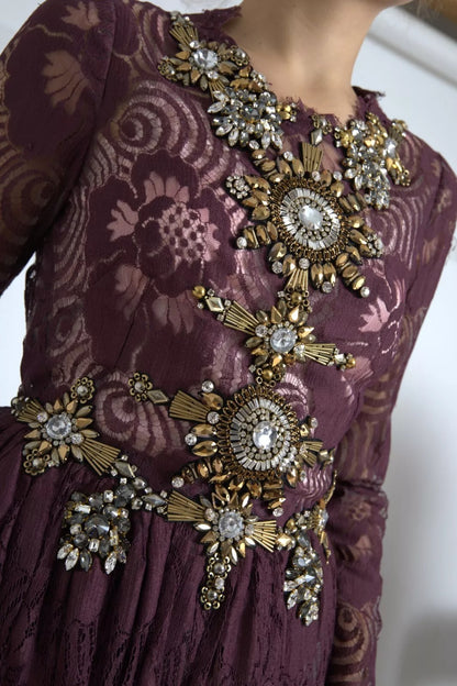 Dolce &amp; Gabbana – Lilafarbenes A-Linien-Kleid aus Viskose mit Kristallen