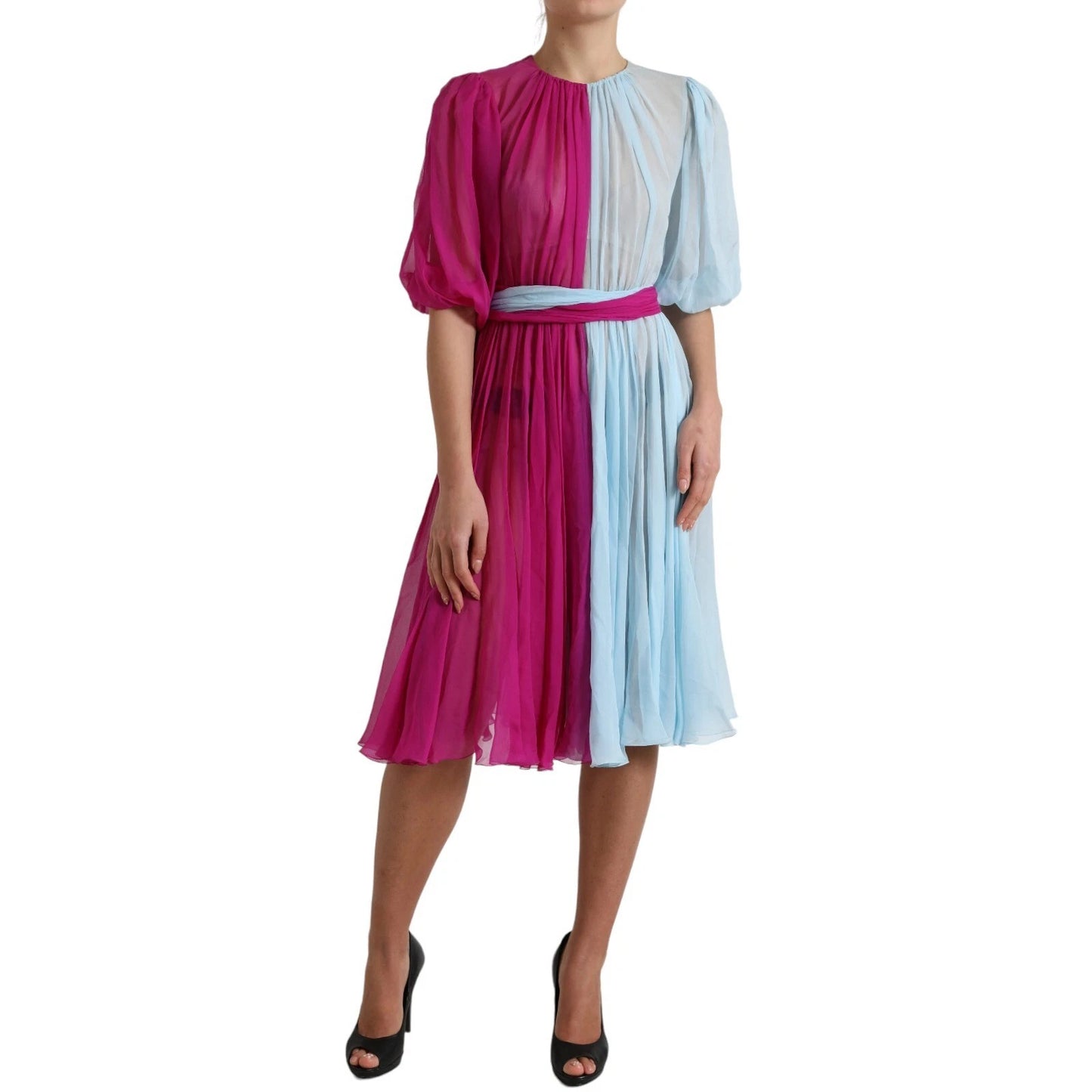 Dolce &amp; Gabbana – Hellblaues, zweifarbiges Midikleid aus Seide