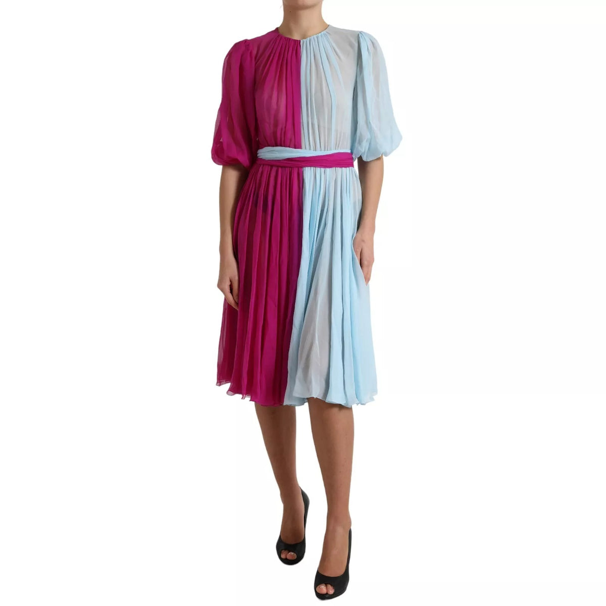 Dolce & Gabbana Light Blue Seidene zweifarbige Midikleid