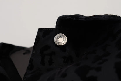 Dolce &amp; Gabbana – Langärmlige Jeansjacke aus schwarzer Baumwolle mit Leopardenmuster