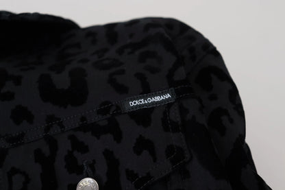 Dolce &amp; Gabbana – Langärmlige Jeansjacke aus schwarzer Baumwolle mit Leopardenmuster