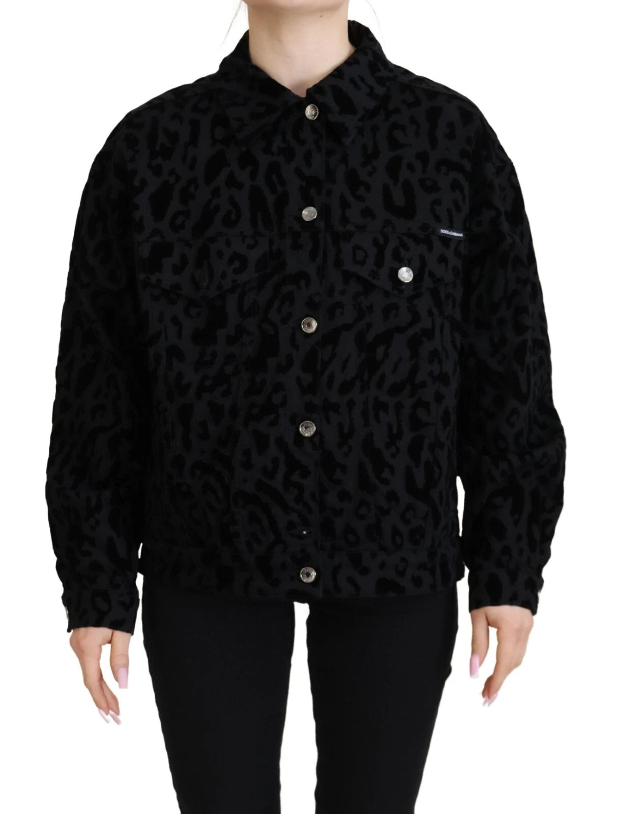 Dolce &amp; Gabbana – Langärmlige Jeansjacke aus schwarzer Baumwolle mit Leopardenmuster