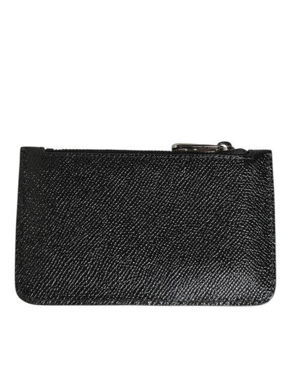 Dolce &amp; Gabbana Schwarzes Leder-Kettenglied-Münzgeldbeutel für Herren mit Schlüsselclip