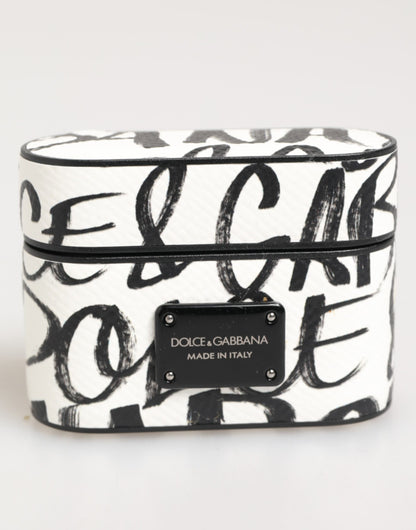 Dolce &amp; Gabbana Airpods-Hülle aus schwarz-weißem Leder mit Monogramm-Print und Logo