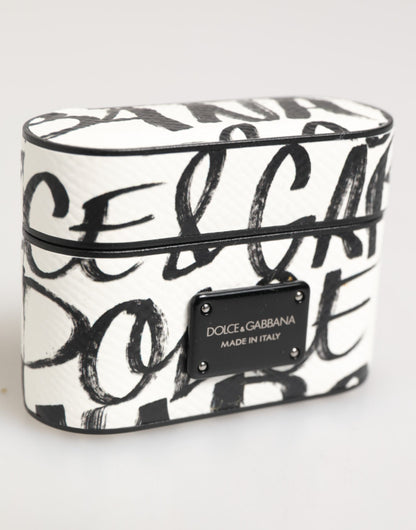 Dolce &amp; Gabbana Airpods-Hülle aus schwarz-weißem Leder mit Monogramm-Print und Logo